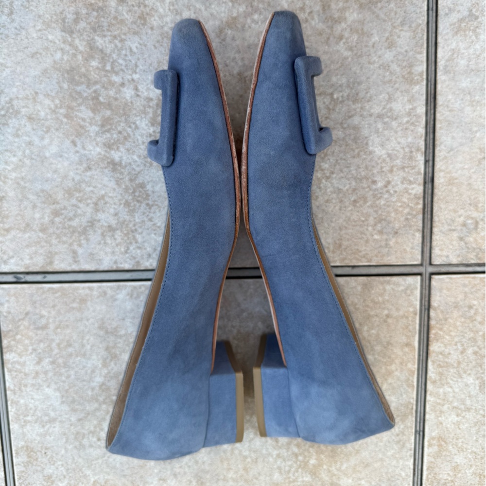 ANN MASHBURN Powder Blue Suede Low Block Heel Pumps with Decorative Buckle - Picture 11 of 14